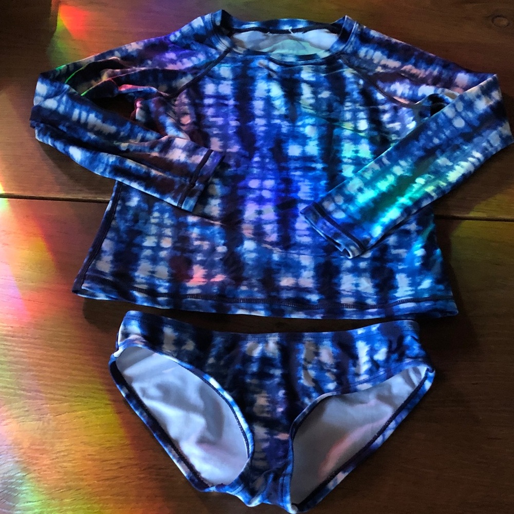 Kanu Blue Tie-Dye Kids Rash Guard Set - Long Sleeve Top & Swim Bottoms